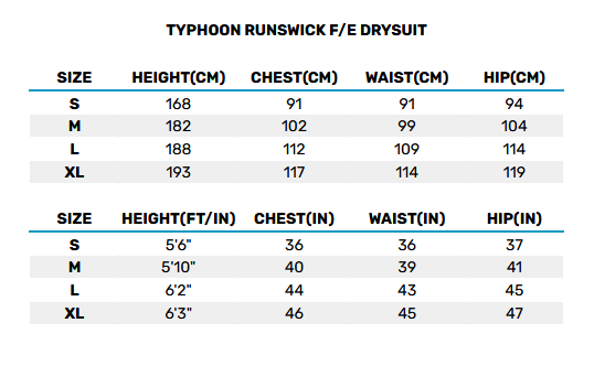 2025 Typhoon Runswick FE Drysuit 0 Size Chart